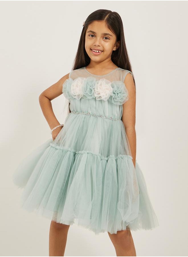 Ruffled Hem Flower Corsage Sleeveless Dress