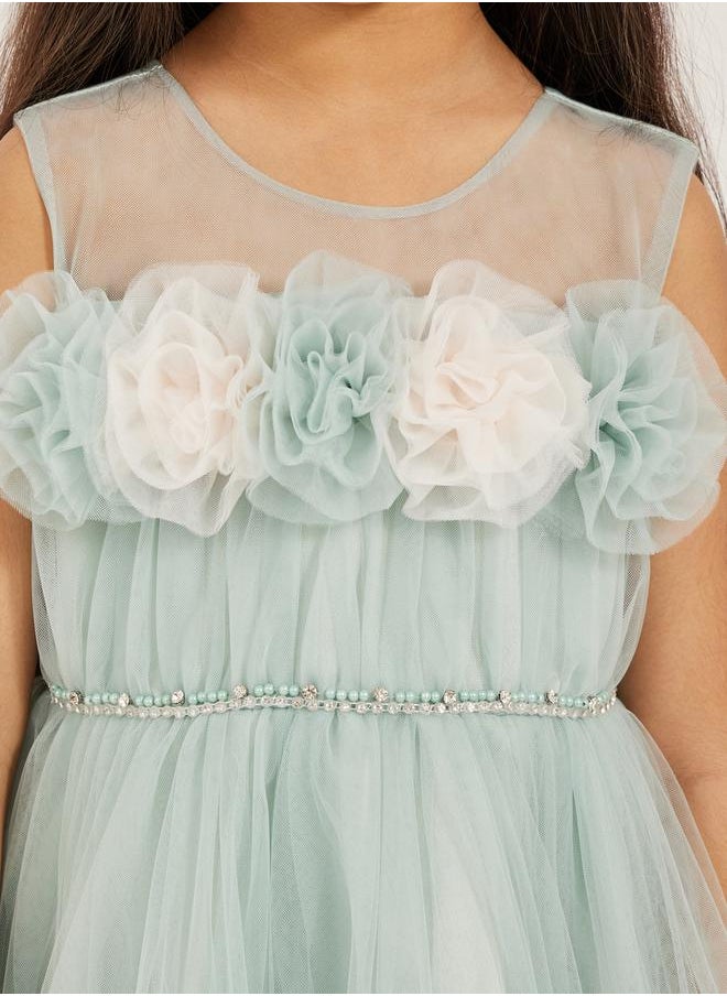Ruffled Hem Flower Corsage Sleeveless Dress