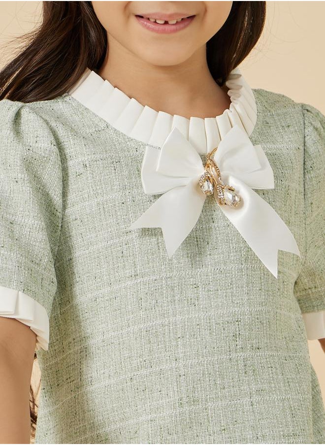 Tweed Ruffle Trim Dress with Bow Detail