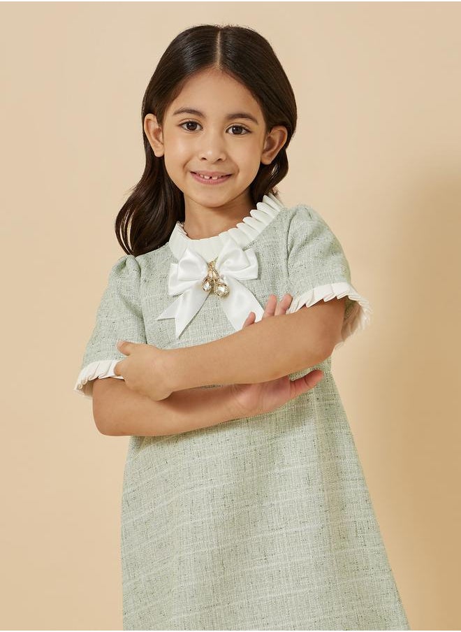 Tweed Ruffle Trim Dress with Bow Detail