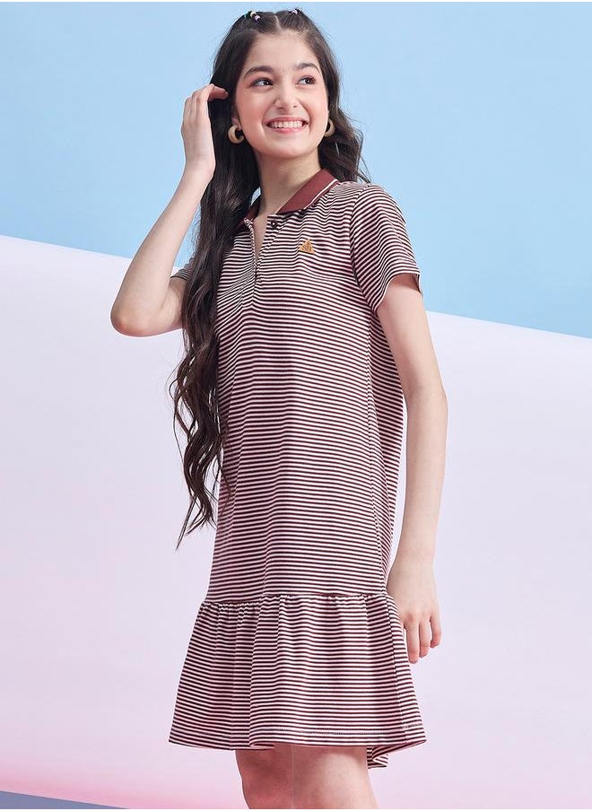 Striped Collared Half-Button Placket A-Line Dress by Styli