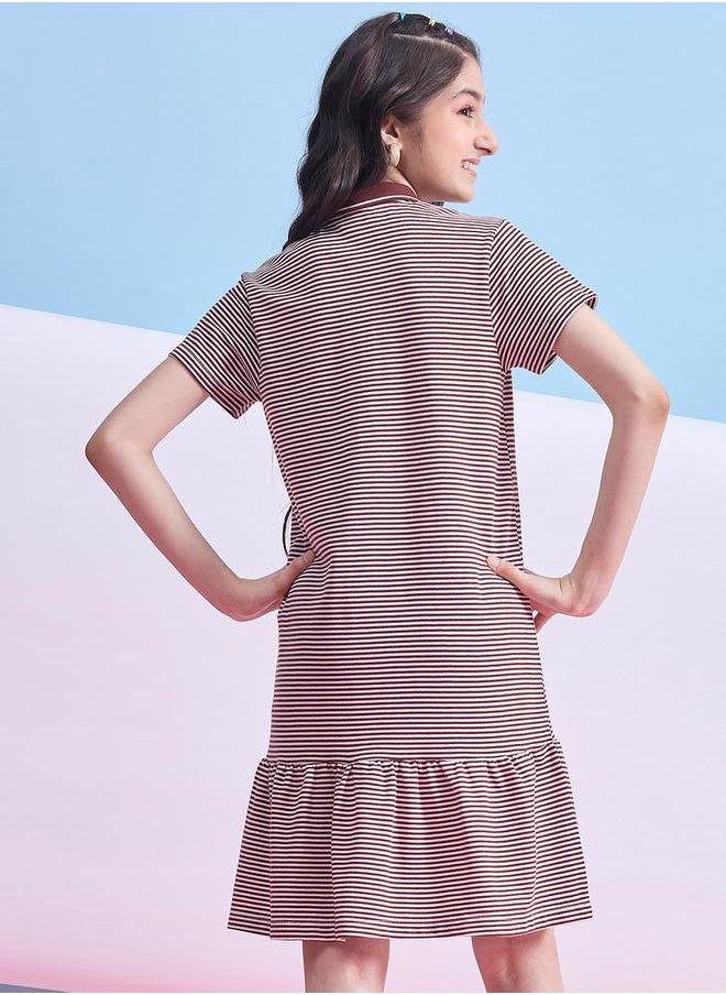 Striped Collared Half-Button Placket A-Line Dress by Styli