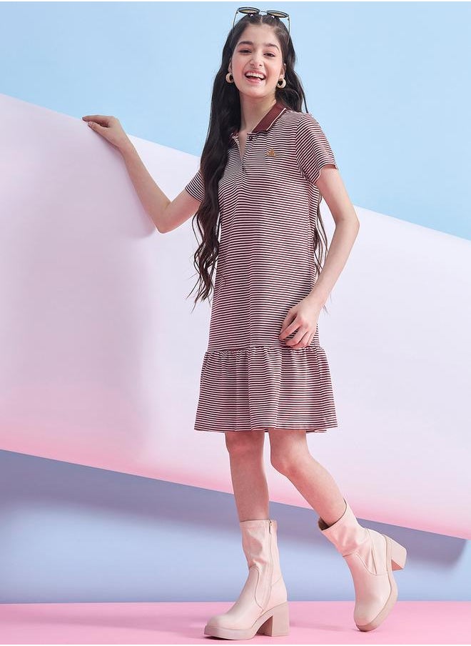 Striped Collared Half-Button Placket A-Line Dress by Styli