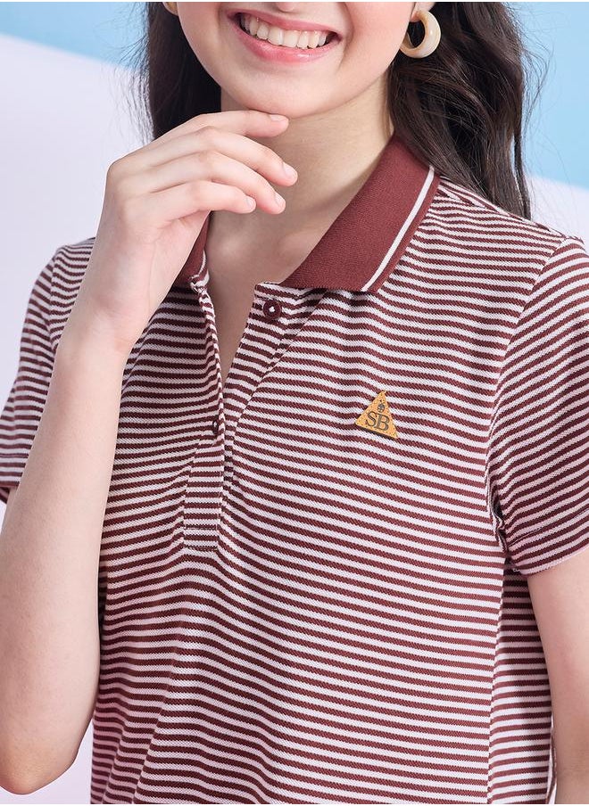 Striped Collared Half-Button Placket A-Line Dress by Styli