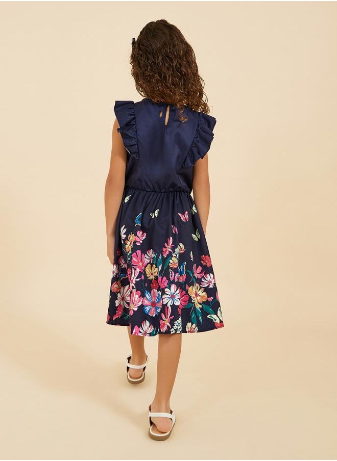 Placement Print Ruffled Sleeve Dress