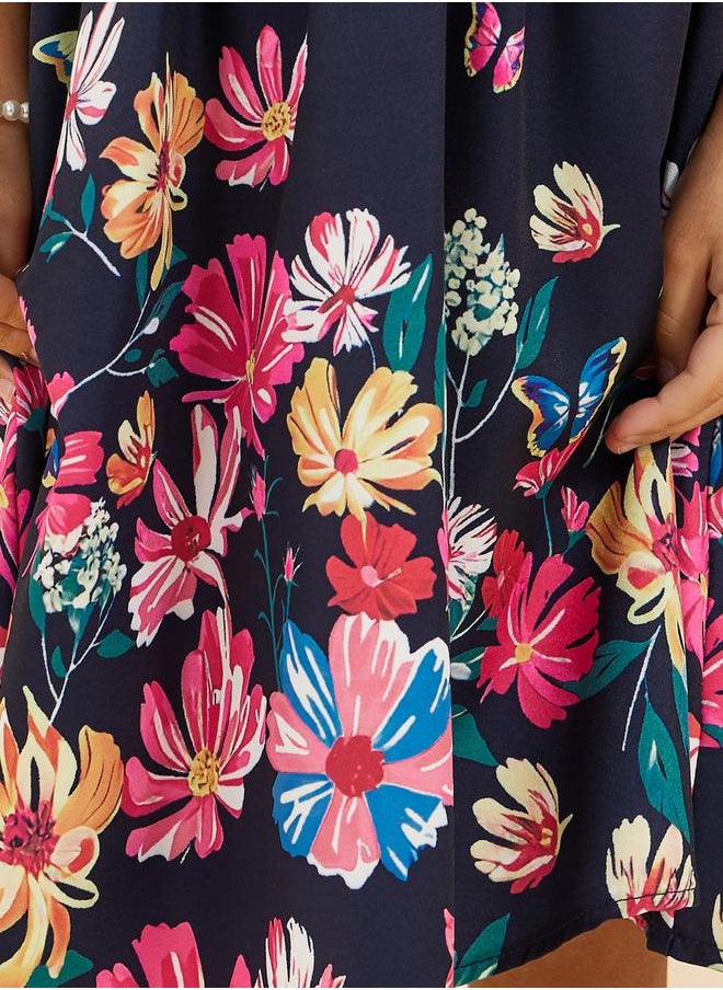 Placement Print Ruffled Sleeve Dress