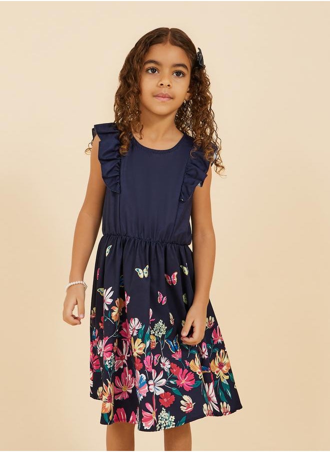 Placement Print Ruffled Sleeve Dress