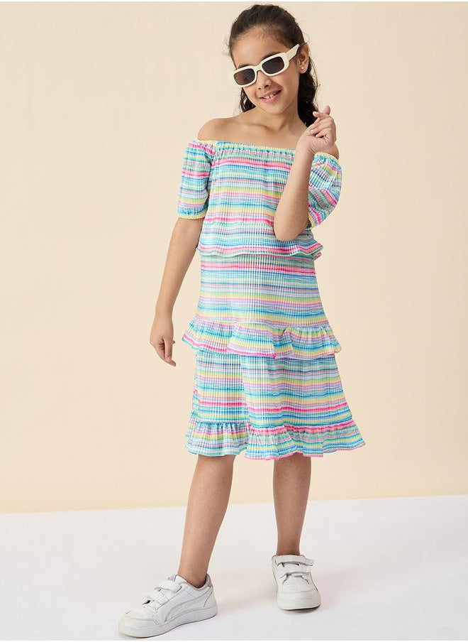 Striped Square Neck Tiered Dress with Ruffle Trim by Styli