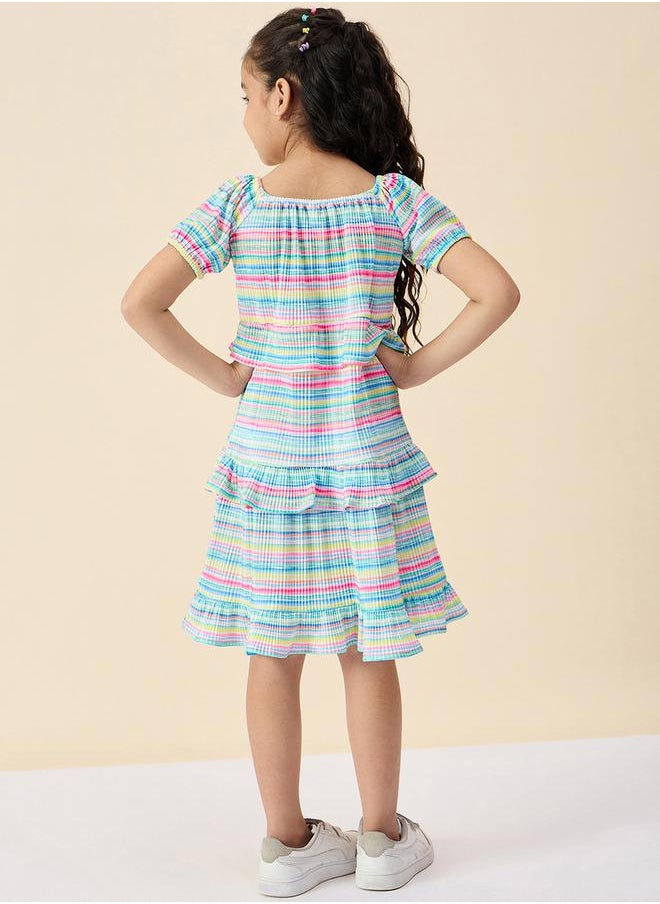 Striped Square Neck Tiered Dress with Ruffle Trim by Styli
