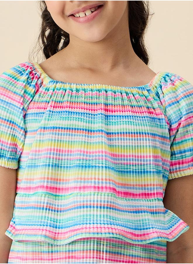 Striped Square Neck Tiered Dress with Ruffle Trim by Styli