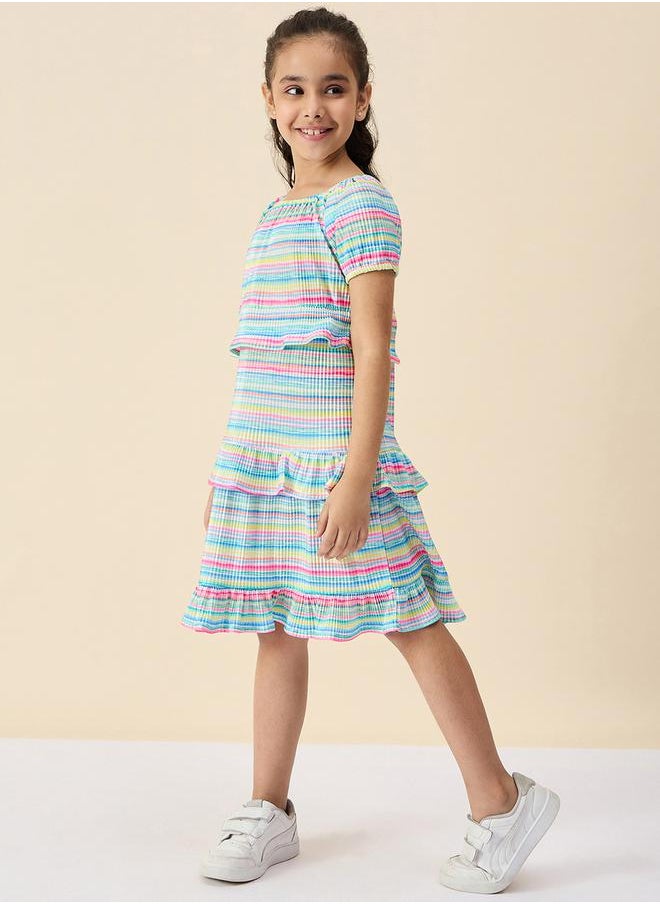 Striped Square Neck Tiered Dress with Ruffle Trim by Styli