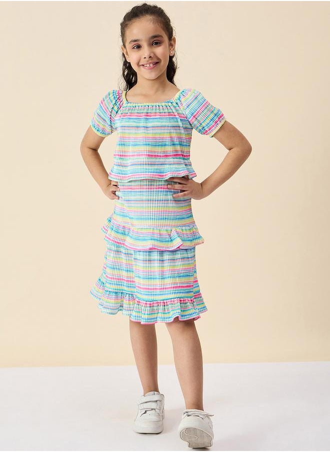 Striped Square Neck Tiered Dress with Ruffle Trim by Styli