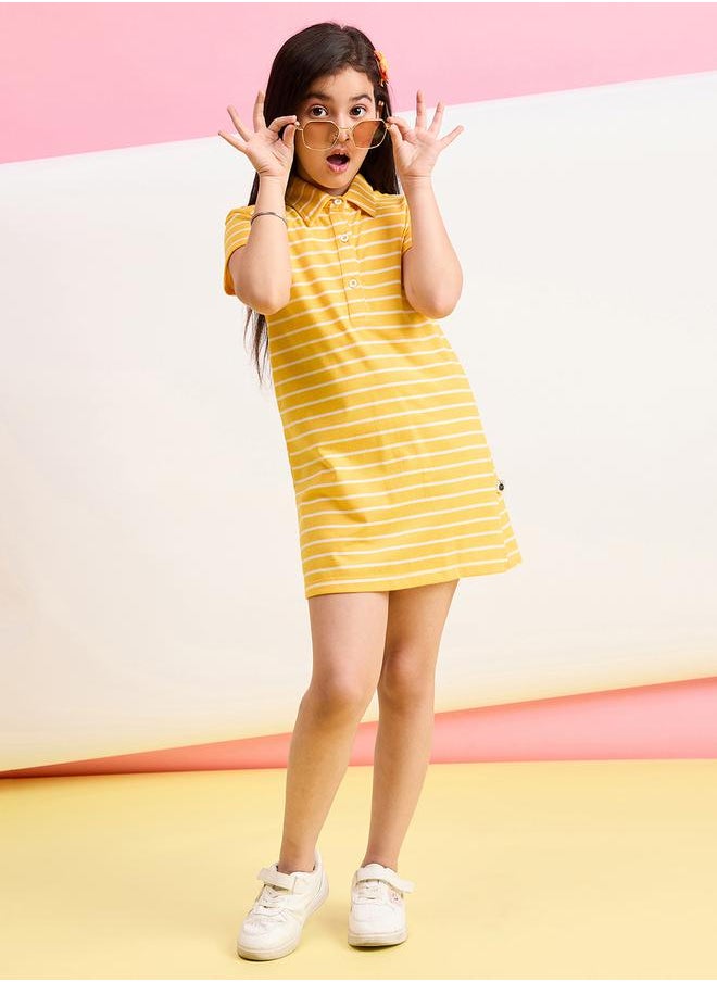 Striped Collared Half-Button Placket A-Line Dress by Styli