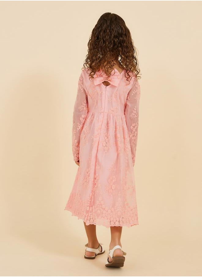 Lace Insert Round Neck Long Sleeve Dress