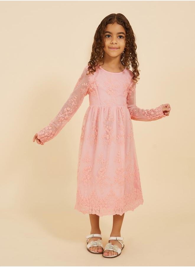 Lace Insert Round Neck Long Sleeve Dress