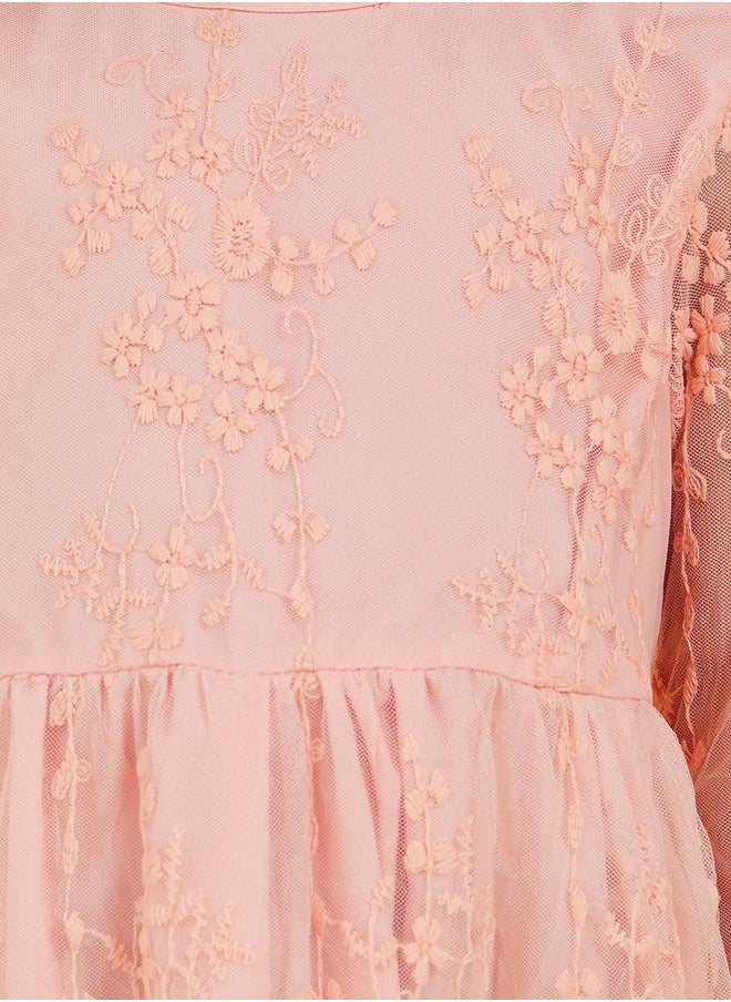 Lace Insert Round Neck Long Sleeve Dress