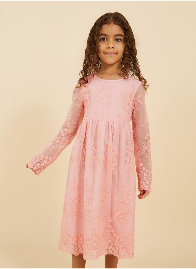 Lace Insert Round Neck Long Sleeve Dress