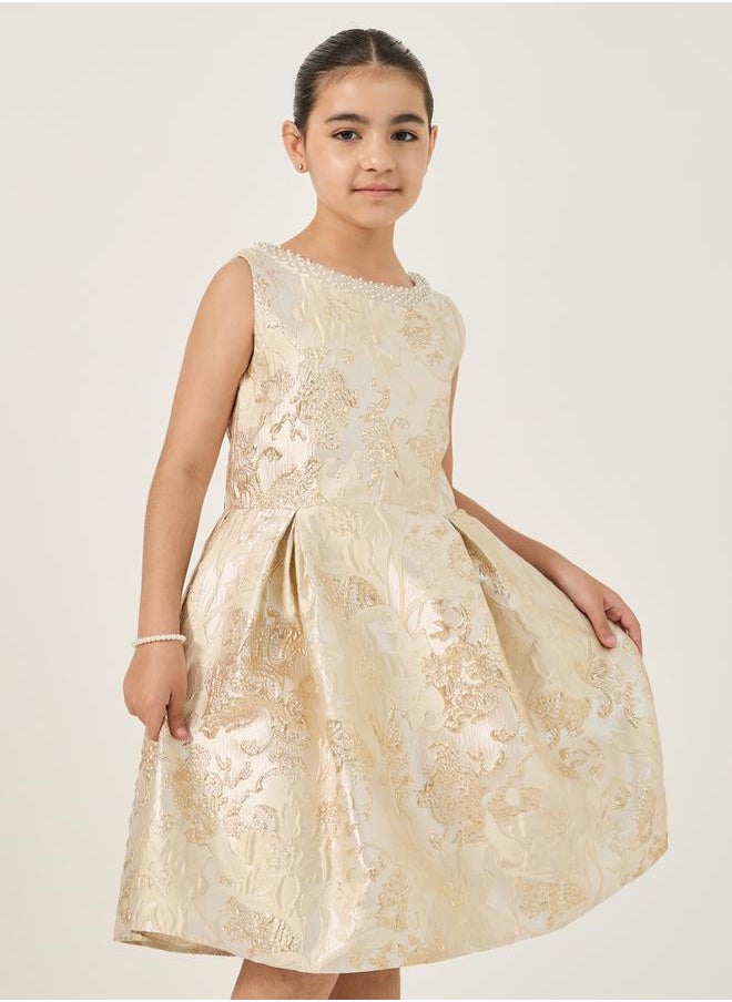 Floral Jacquard Pleated Sleeveless Dress