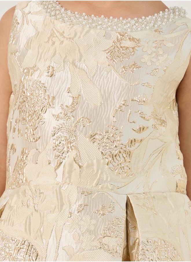 Floral Jacquard Pleated Sleeveless Dress
