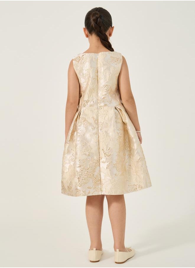 Floral Jacquard Pleated Sleeveless Dress
