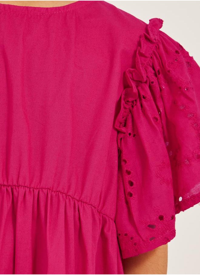 Schiffli Frill Sleeve Round Neck Dress