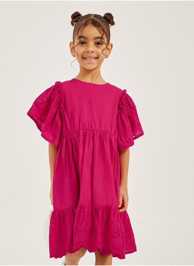 Schiffli Frill Sleeve Round Neck Dress