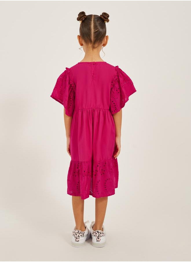 Schiffli Frill Sleeve Round Neck Dress