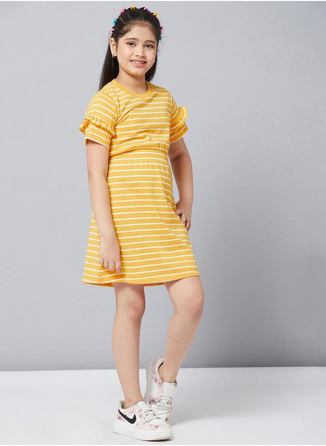 Striped Round Neck A-Line Dress with Ruffled Detail by Styli