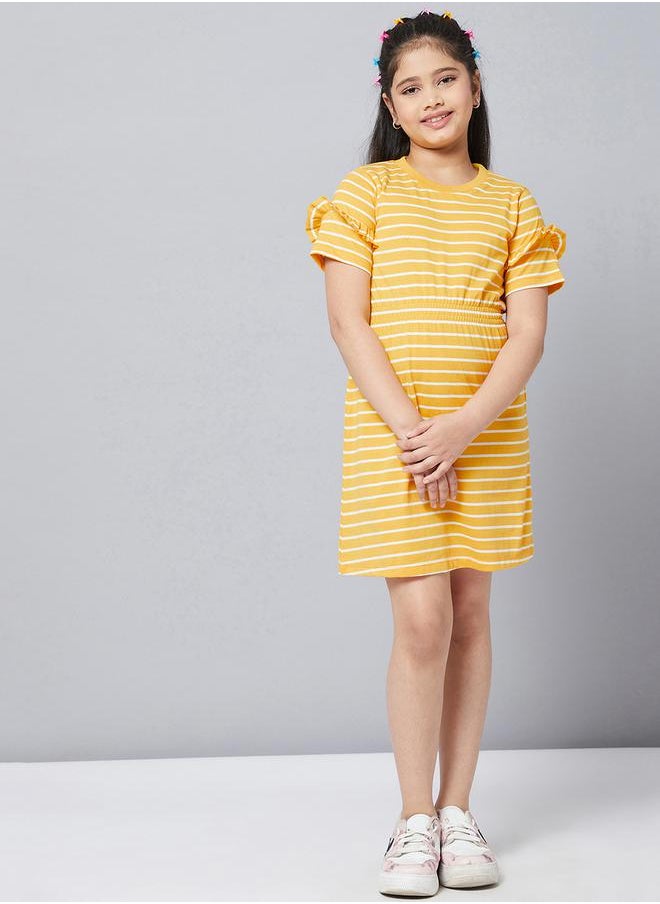 Striped Round Neck A-Line Dress with Ruffled Detail by Styli