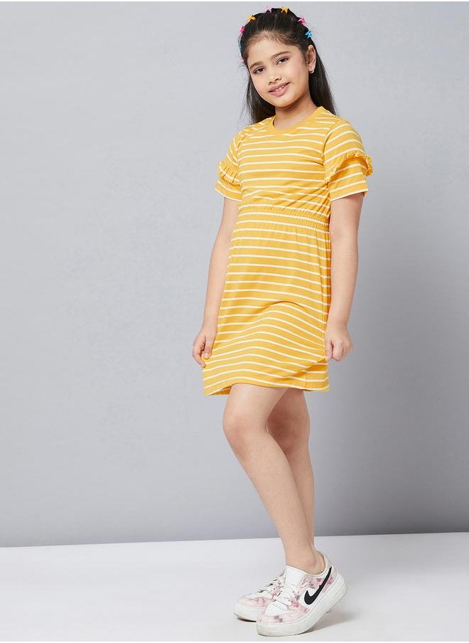 Striped Round Neck A-Line Dress with Ruffled Detail by Styli