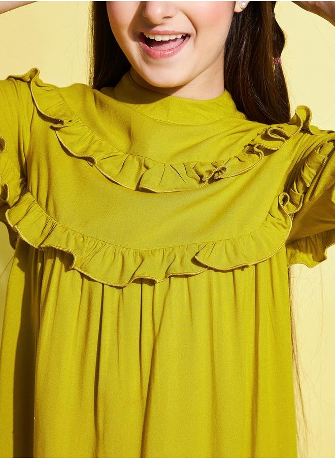 Solid High Neck Ruffled Detail Dress by Styli