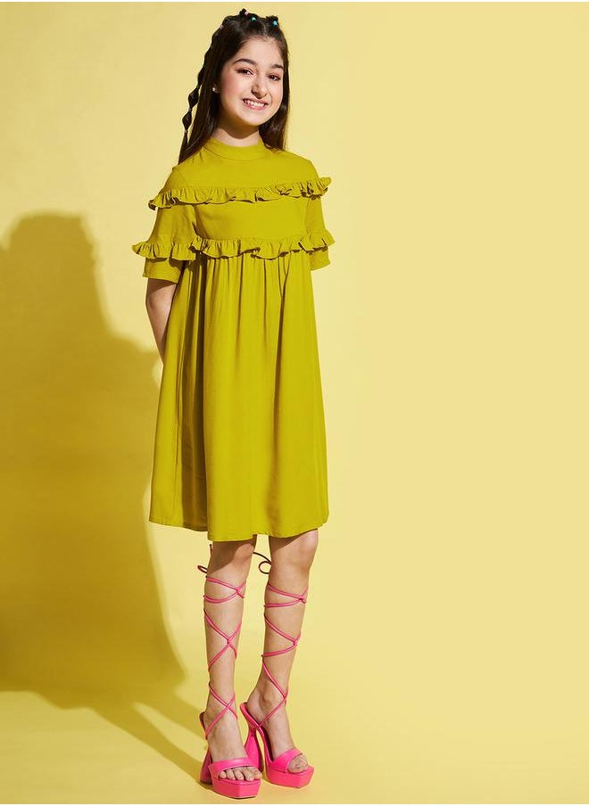 Solid High Neck Ruffled Detail Dress by Styli