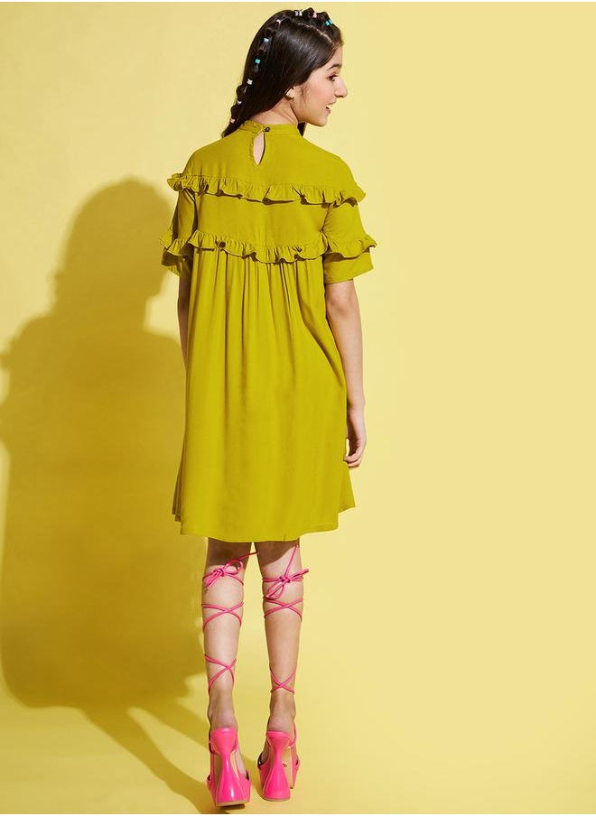 Solid High Neck Ruffled Detail Dress by Styli