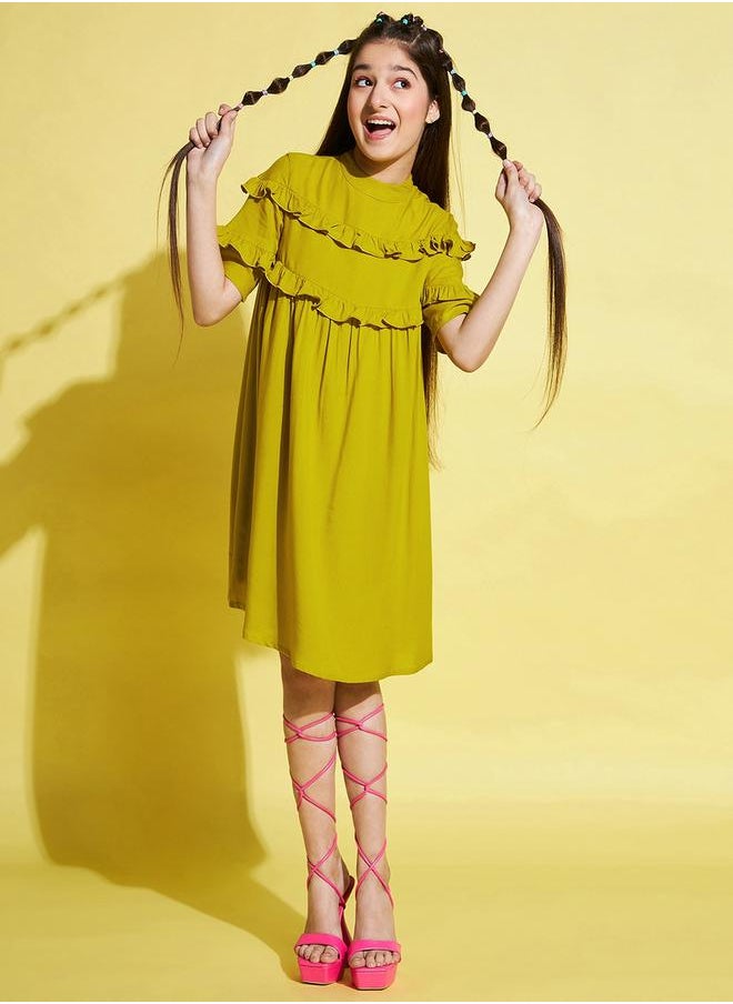 Solid High Neck Ruffled Detail Dress by Styli