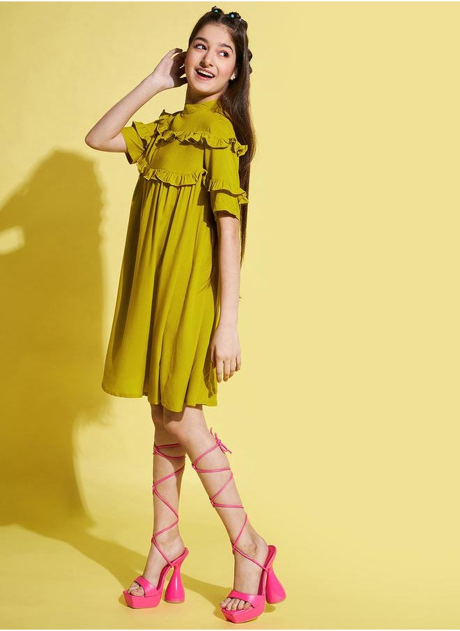 Solid High Neck Ruffled Detail Dress by Styli