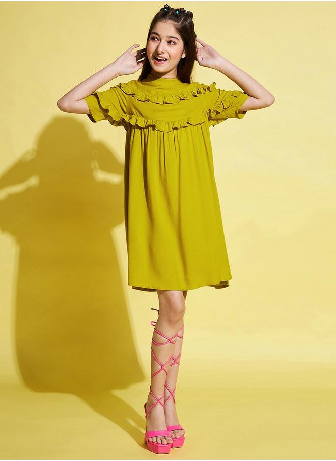 Solid High Neck Ruffled Detail Dress by Styli