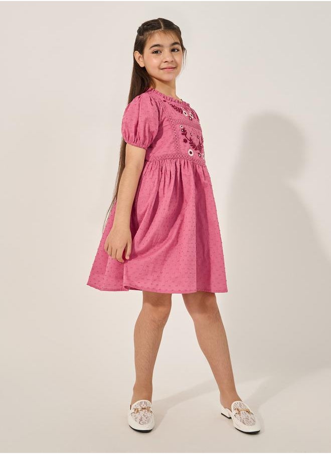Embroidered Square Neck Lace Puff Sleeve Dress