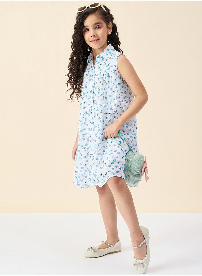 Floral Print Collared Sleeveless Tiered Dress by Styli