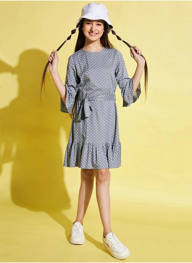 All-Over Print 3/4 Sleeves Belted Dress by Styli