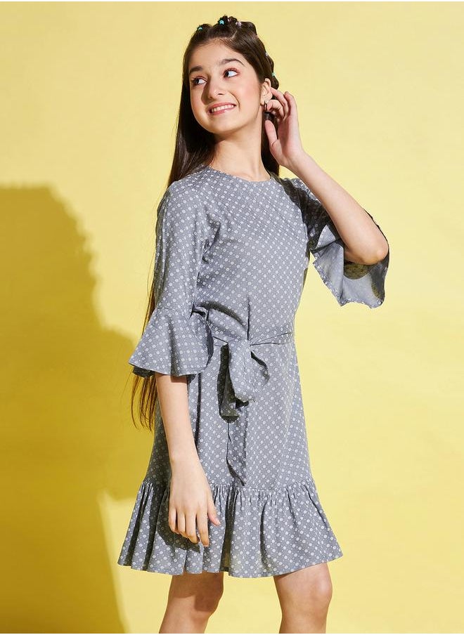 All-Over Print 3/4 Sleeves Belted Dress by Styli