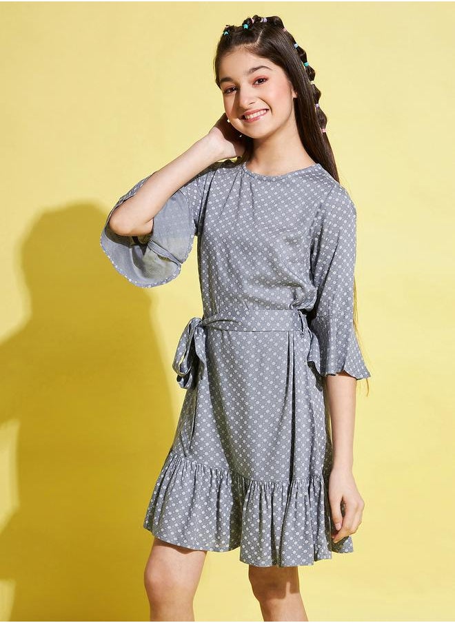 All-Over Print 3/4 Sleeves Belted Dress by Styli