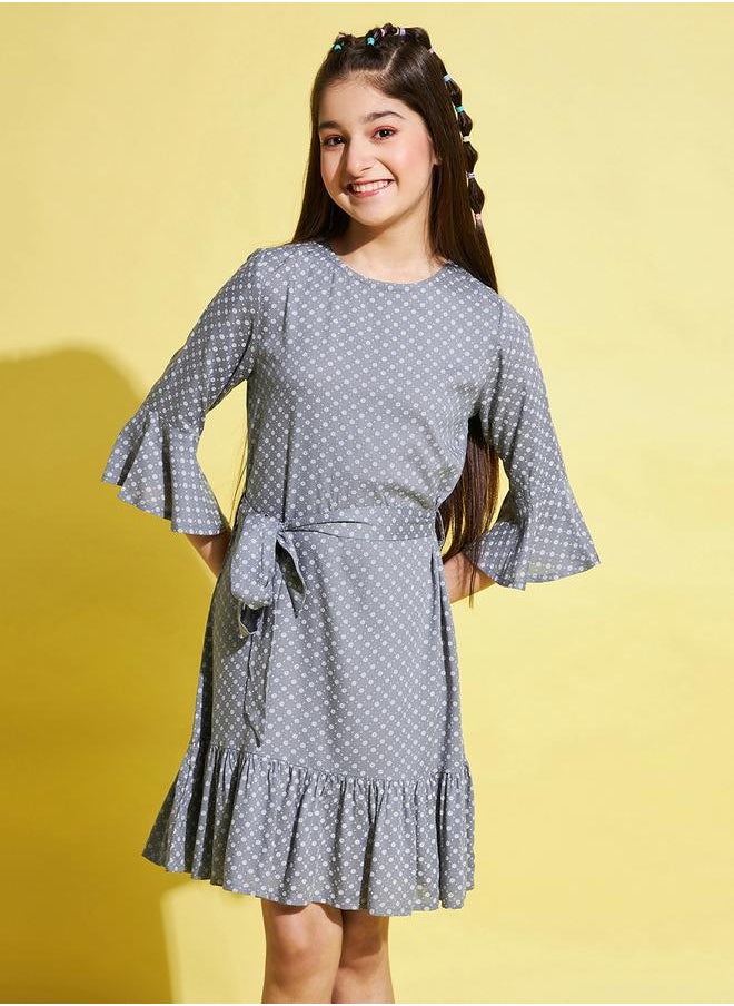 All-Over Print 3/4 Sleeves Belted Dress by Styli