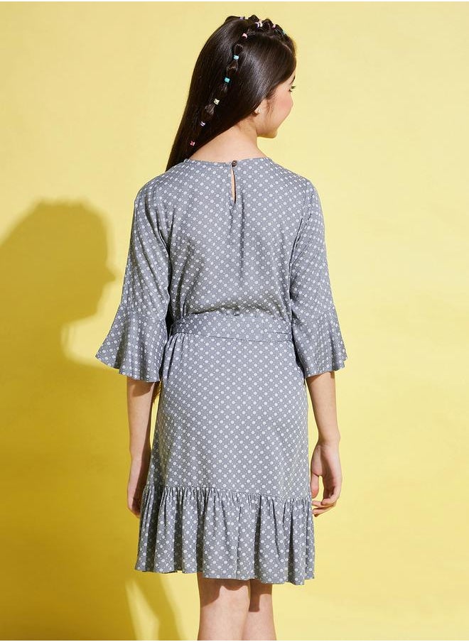 All-Over Print 3/4 Sleeves Belted Dress by Styli