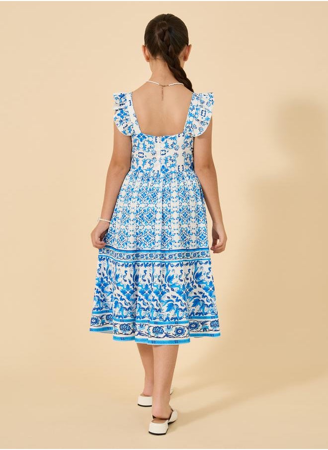 فستان بأكمام مكشكشة وطبعة شاملة