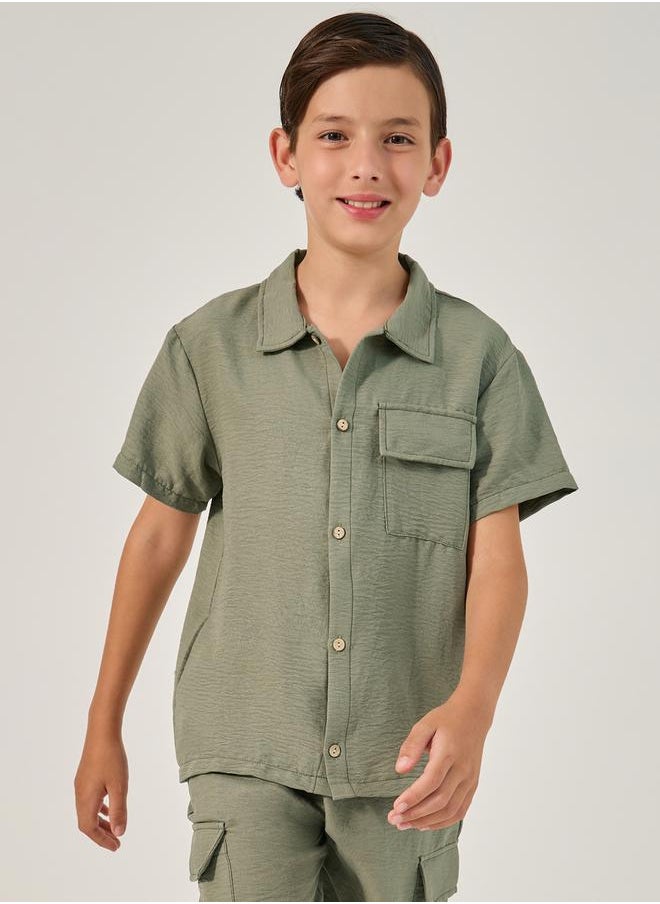 Solid Crinkled Shirt and Cargo Shorts Set
