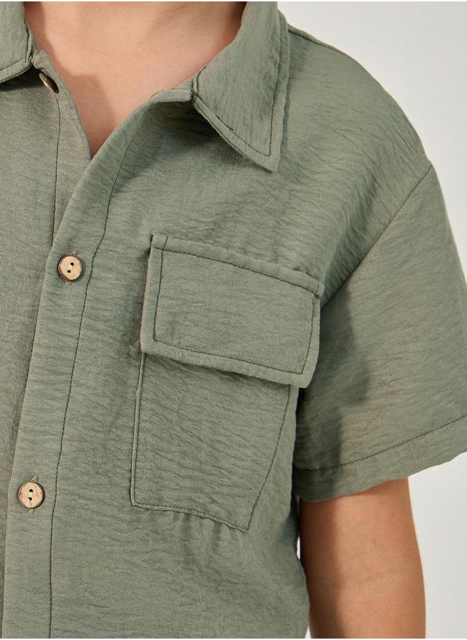 Solid Crinkled Shirt and Cargo Shorts Set