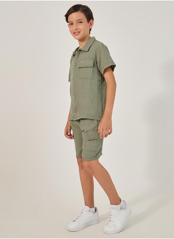 Solid Crinkled Shirt and Cargo Shorts Set
