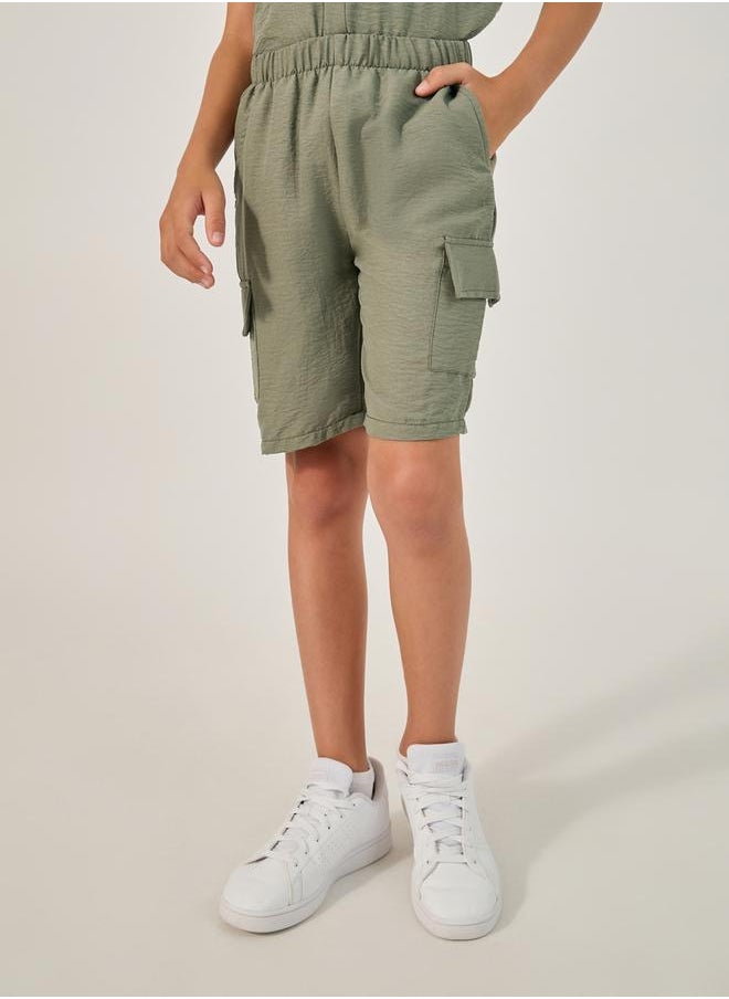 Solid Crinkled Shirt and Cargo Shorts Set