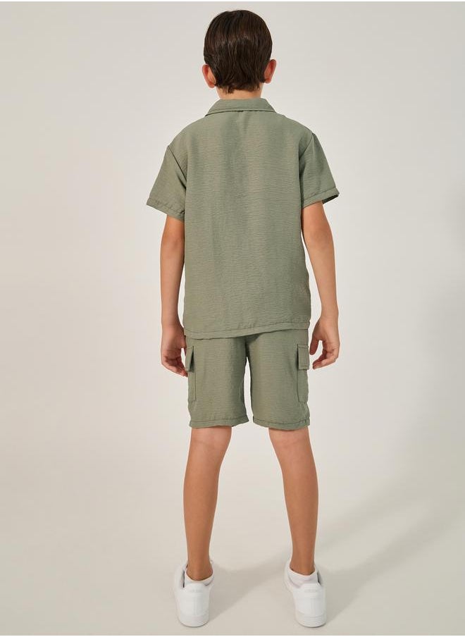Solid Crinkled Shirt and Cargo Shorts Set