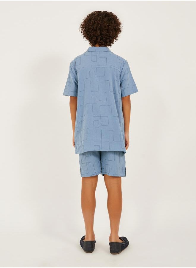 Embroidered Collared Shirt Sleeve Shirt and Shorts Set